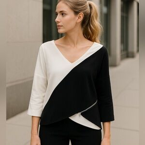 🖤🤍 French Connection Black & White Colorblock Asymmetrical Top – Size 4